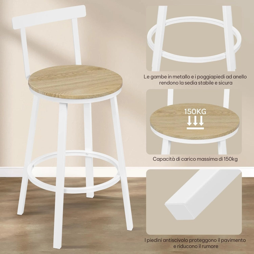 Sgabelli Cucina Set di 2, Sgabelli da Bar per Colazione, con Poggiapiedi e Schienale, Struttura in Metallo, Effetto Legno Chiaro