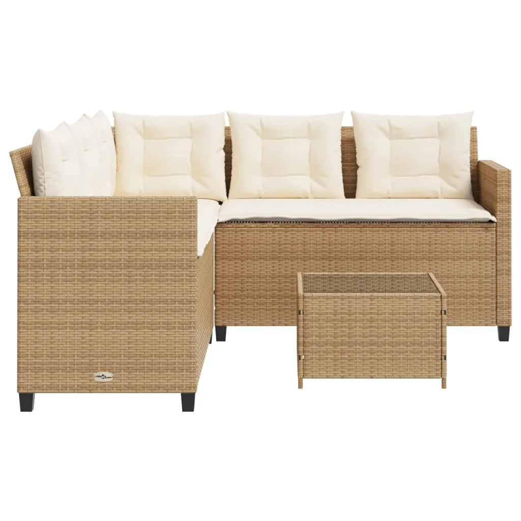 Divano da Giardino con Tavolo e Cuscini a L Beige in Polyrattan 369043