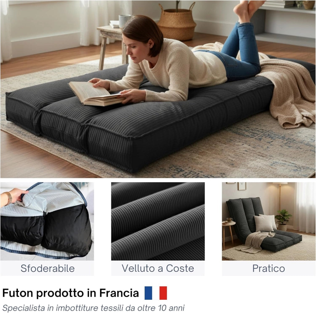 Futon Giapponese 1 Persona Comodo e Spesso, Prodotto in Francia, Sfoderabile, Materassino Pieghevole, Tatami Giapponese Pratico–Letto Singolo, Cinghia di Fissaggio inclusa (90 x 190 cm, Grigio Scuro)