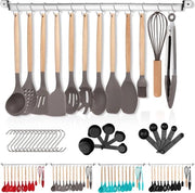 Set di utensili da cucina in silicone 38 pezzi, set di utensili da cucina antiaderente, utensili da cucina con manico in legno, strumenti multifunzionali con uncini e supporti per oggetti (grigio)