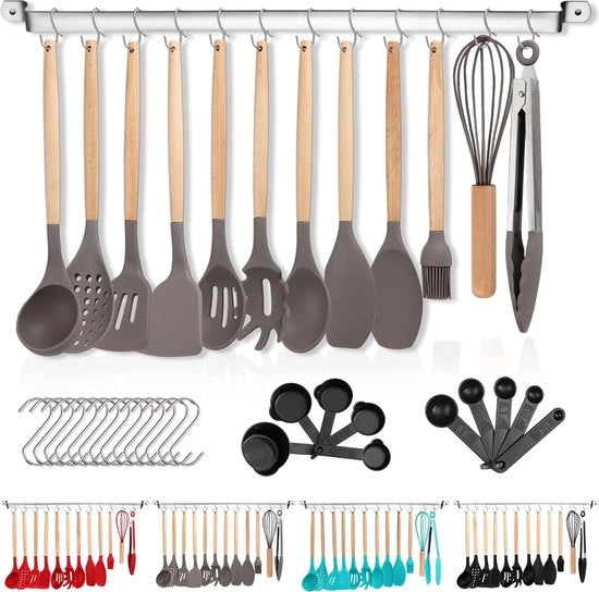 Set di utensili da cucina in silicone 38 pezzi, set di utensili da cucina antiaderente, utensili da cucina con manico in legno, strumenti multifunzionali con uncini e supporti per oggetti (grigio)