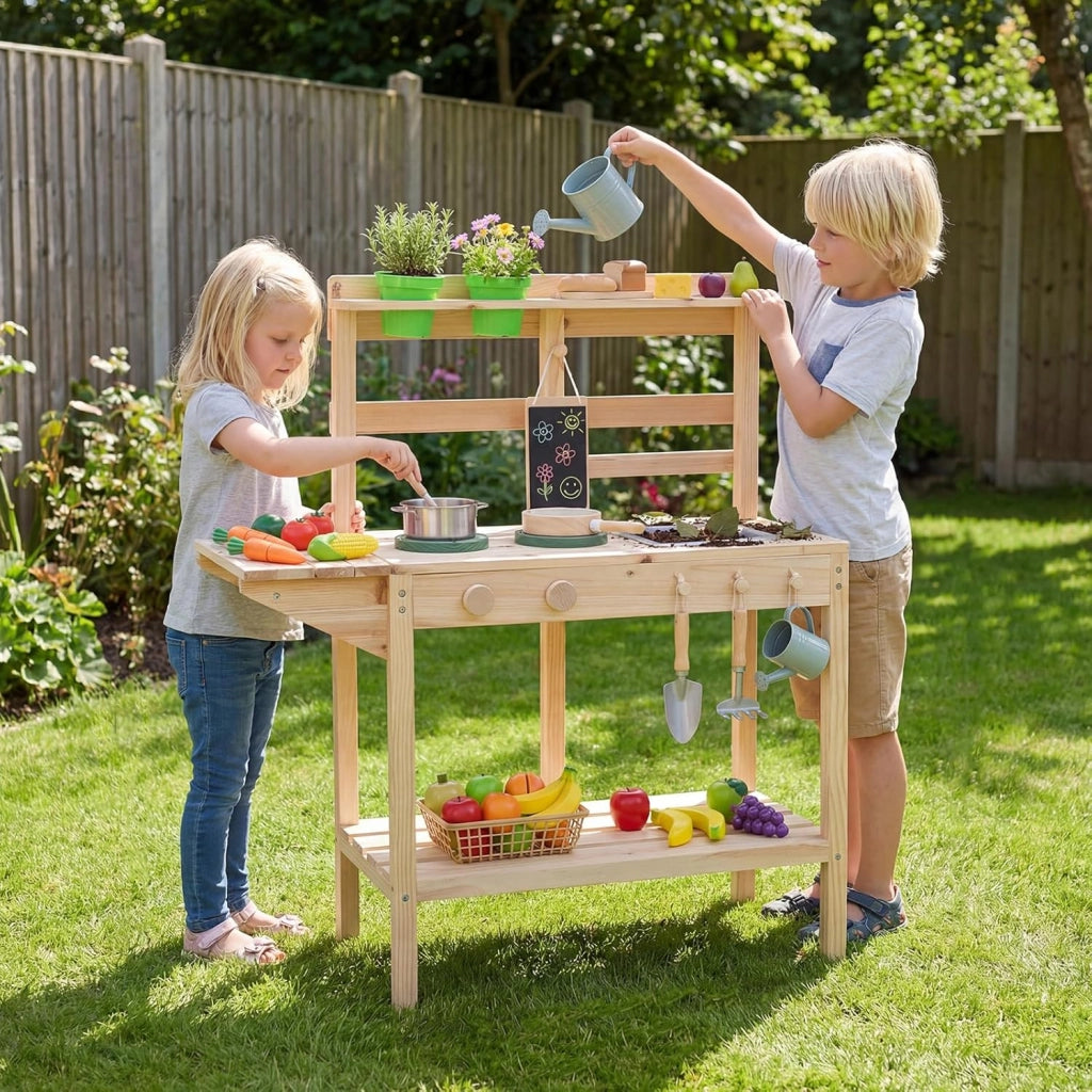 Set da Cucina Giocattolo per Bambini, Cucinetta in Legno con Fornelli, Lavello, Manopole Rotanti, Lavagna, Vasi di Fiori e Scaffali Portaoggetti, per Bambini 3+ Anni