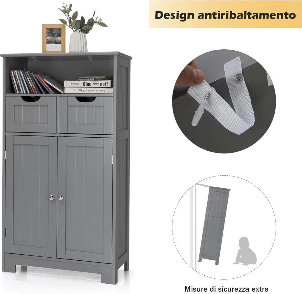 Armadietto Terra da Bagno Mobile Autoportante, Mobiletto Ufficcio Multiuso, con Cassetti e Ripiani, Ampio Spazio, Legno (Grigio)