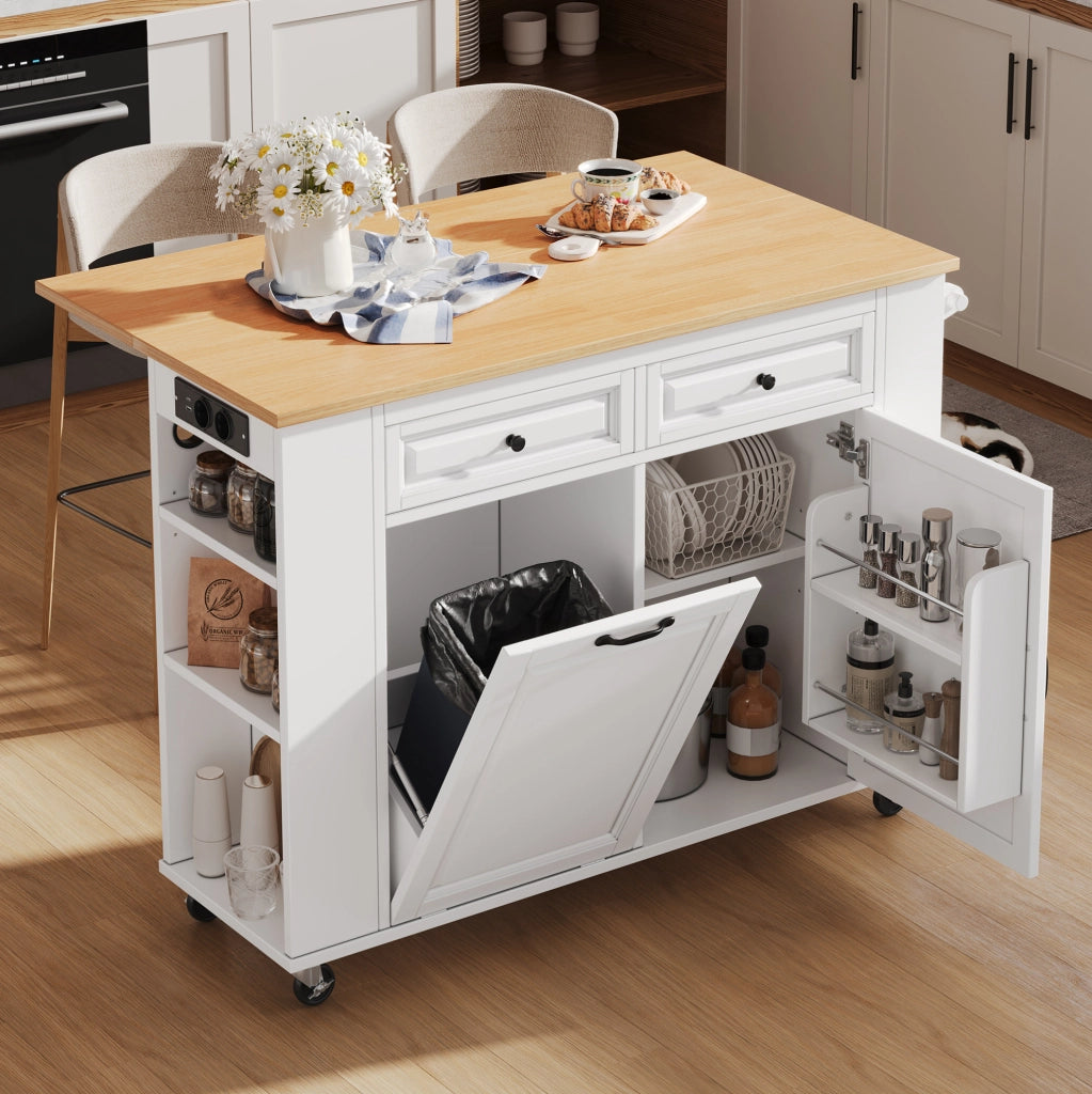 Isola da cucina 120x40-70x92 cm con piano apribile; prese integrate e vano rifiuti; MDF bianco naturale