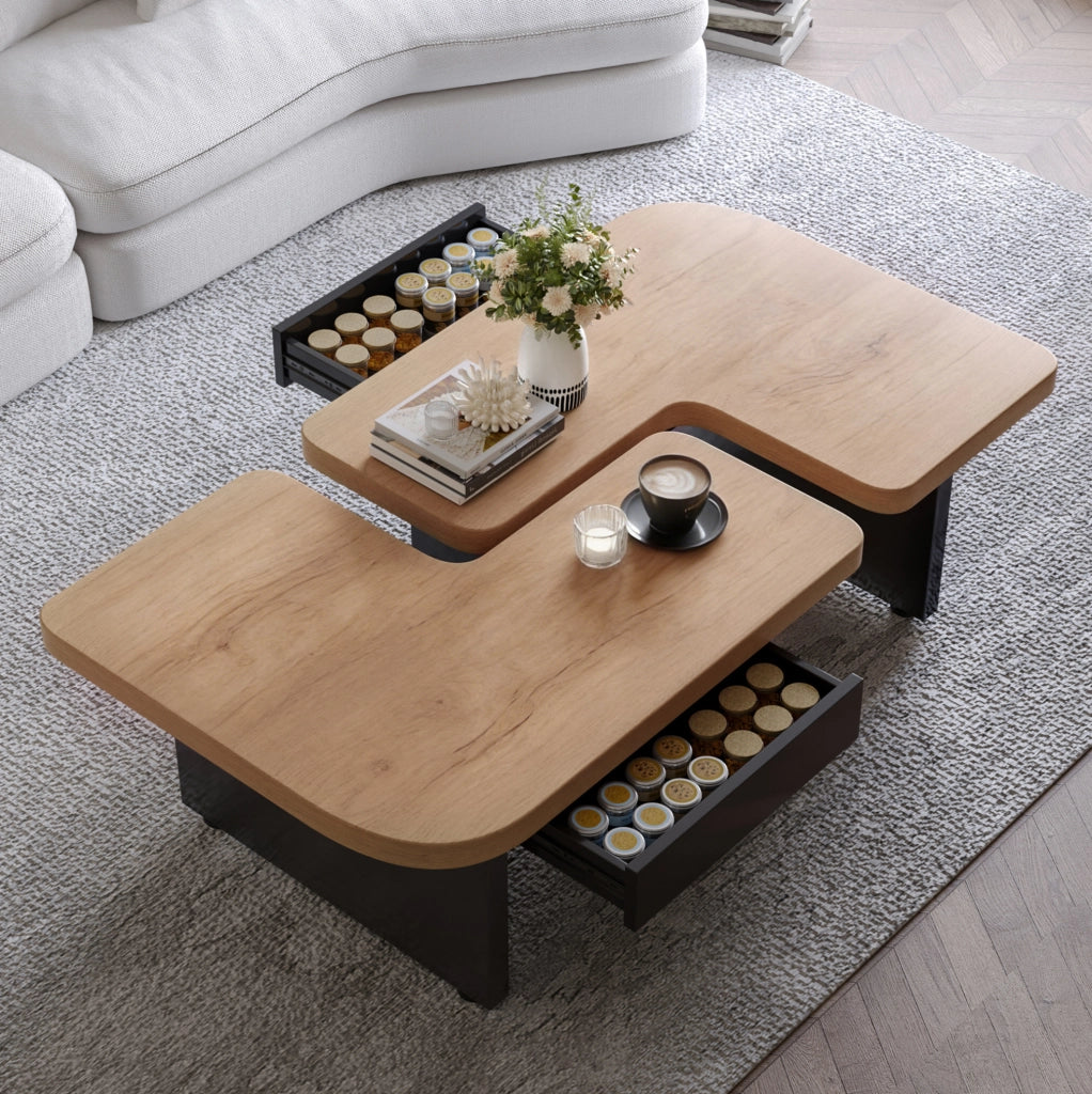 Tavolino da caff猫 2 in 1 con LED; 90 x 60 x 44;5 cm; in MDF effetto legno naturale e nero