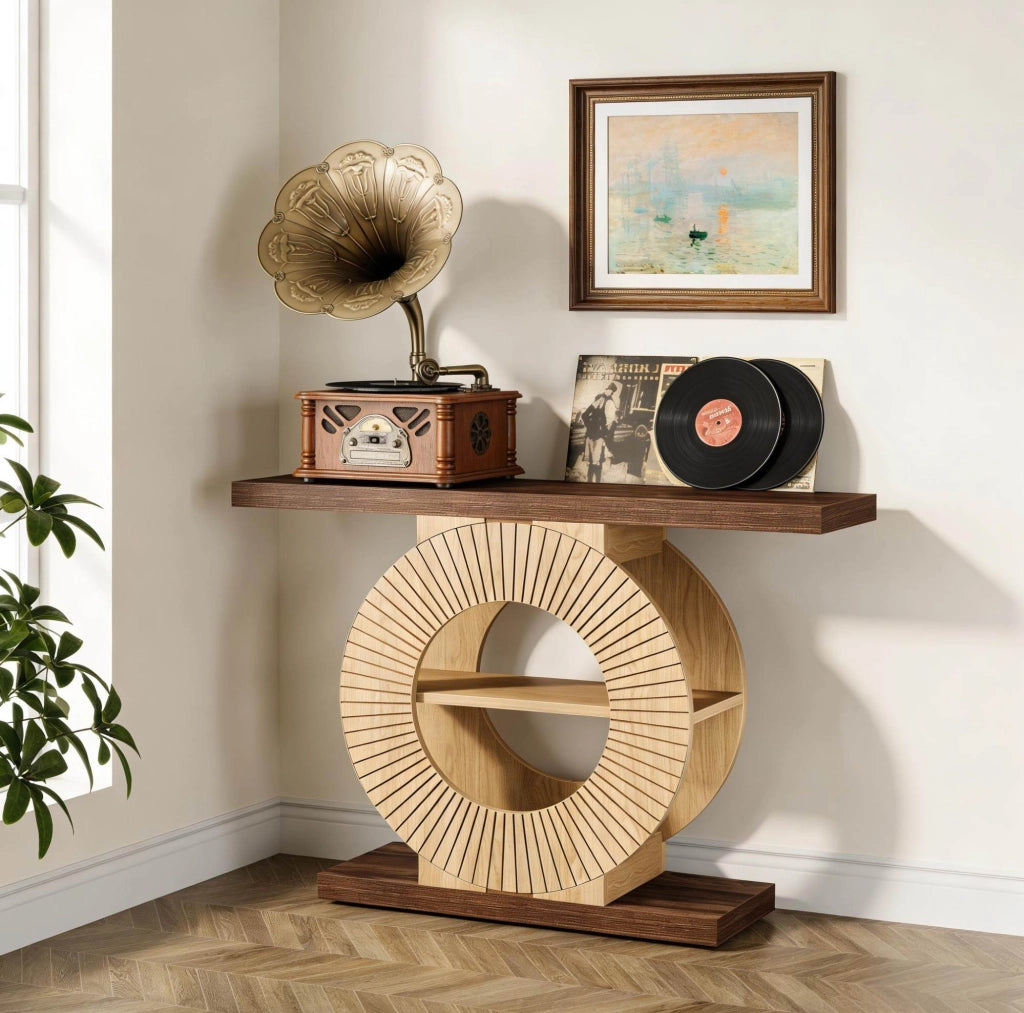 Tavolo consolle in legno con base rotonda e ripiani, design sottile per ingresso