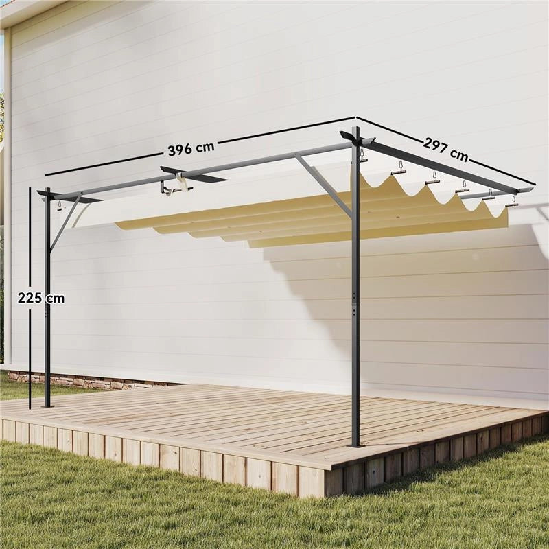 GAZEBO PERGOLA ADDOSSATA 3X4 M CON TETTO RETRATTILE SCORREVOLE E FORI DI DRENAGGIO, BIANCO CREMA