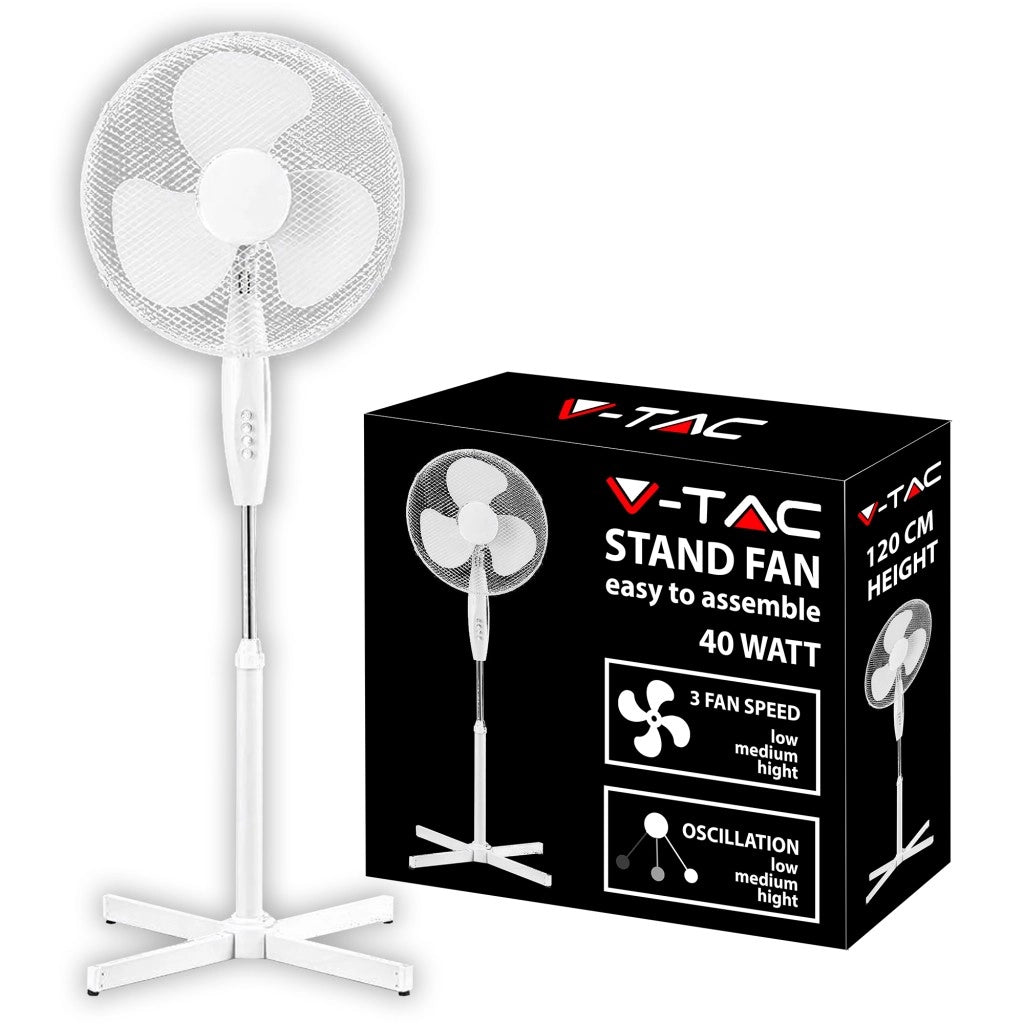 V-TAC VT-4016-3 VENTILATORE A PIANTANA 40W 3 PALE IN PLASTICA COLORE BIANCO ALTEZZA 1200MM - SKU 7922 - V-TAC