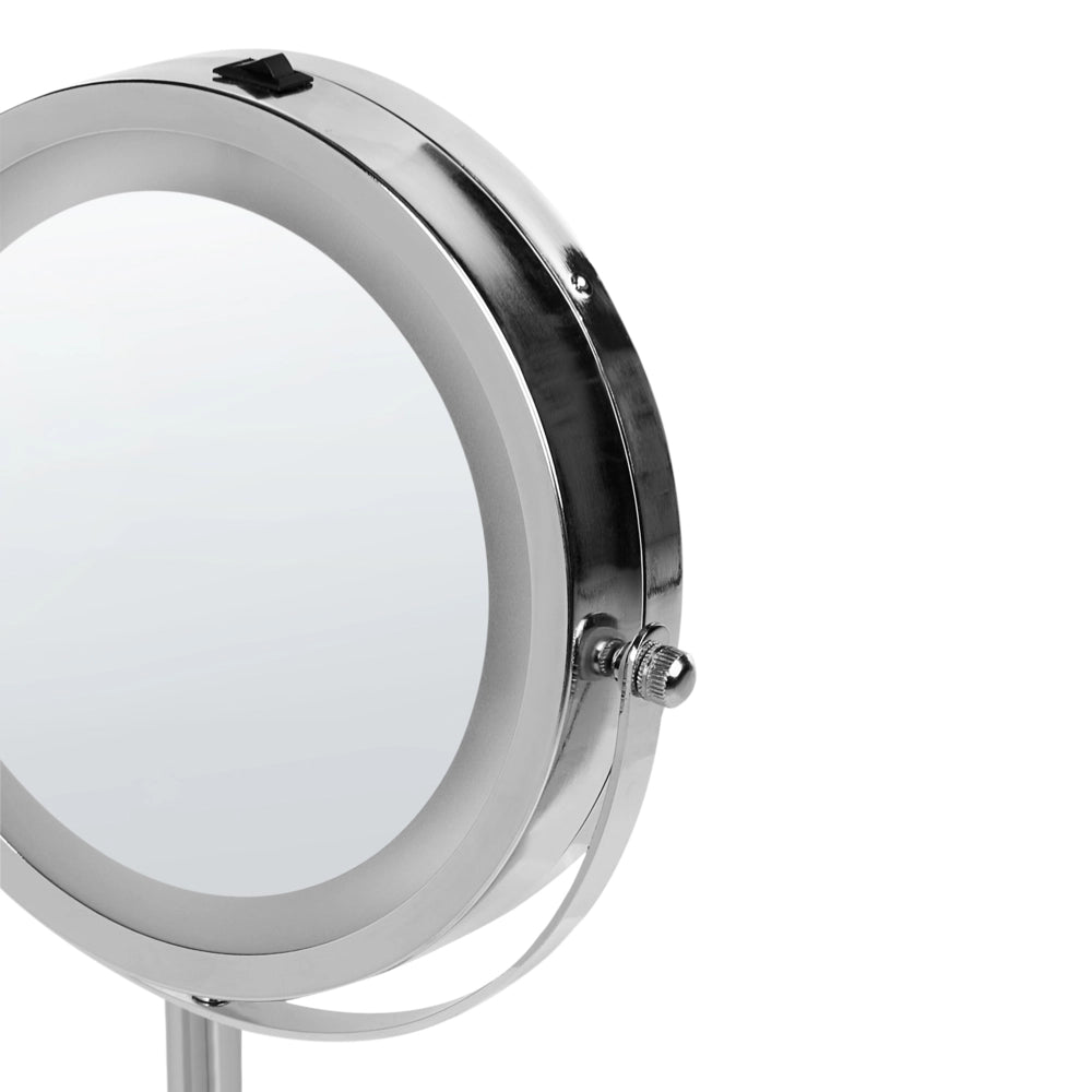 Specchio da tavolo illuminato in metallo argentato ø 20 cm con luci LED d'ingrandimento bifacciali
