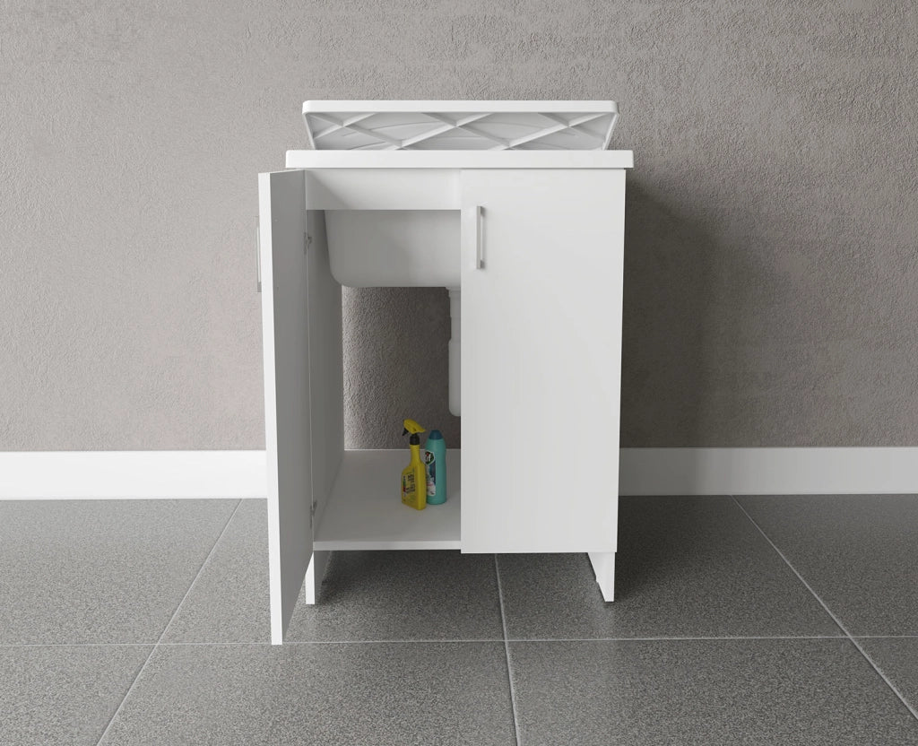 Mobile Lavatoio 2 Ante in Nobilitato 60x50x85 cm Vasca in PP con Asse in Resina e Kit di Scarico Bianco
