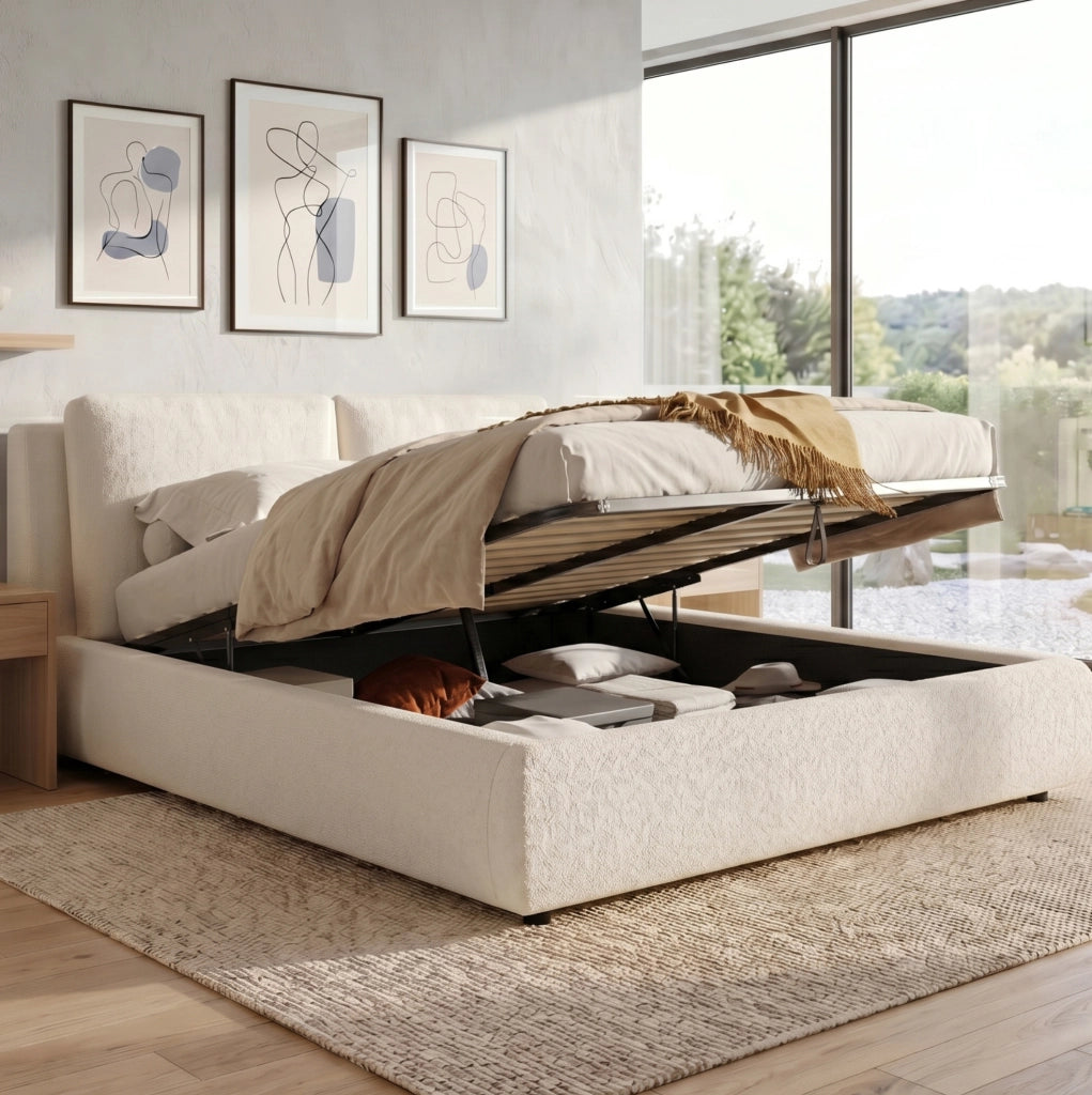 Letto imbottito 160x200 cm con contenitore e testiera ergonomica in bouclé beige