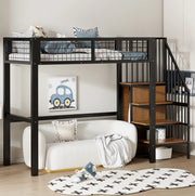 Letto a soppalco 90x200 cm con scala; armadio e ripiani in metallo e MDF; nero