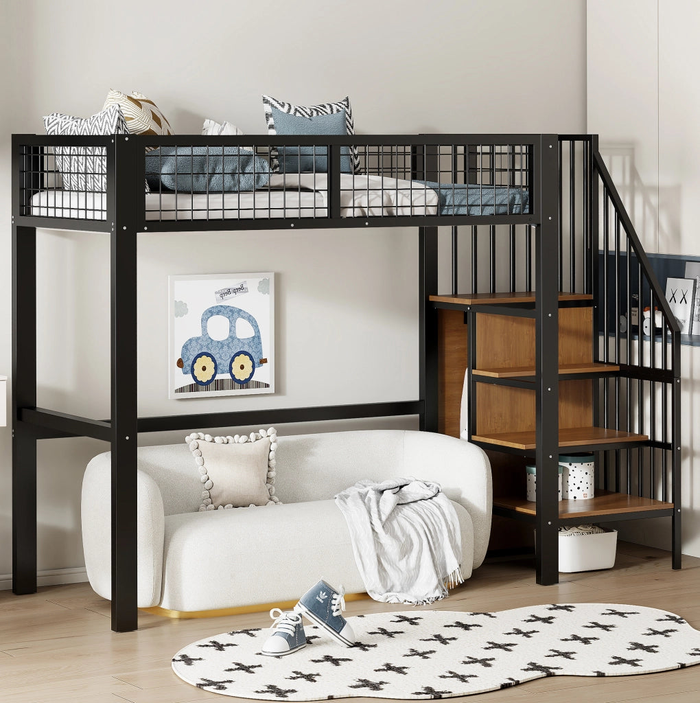 Letto a soppalco 90x200 cm con scala; armadio e ripiani in metallo e MDF; nero