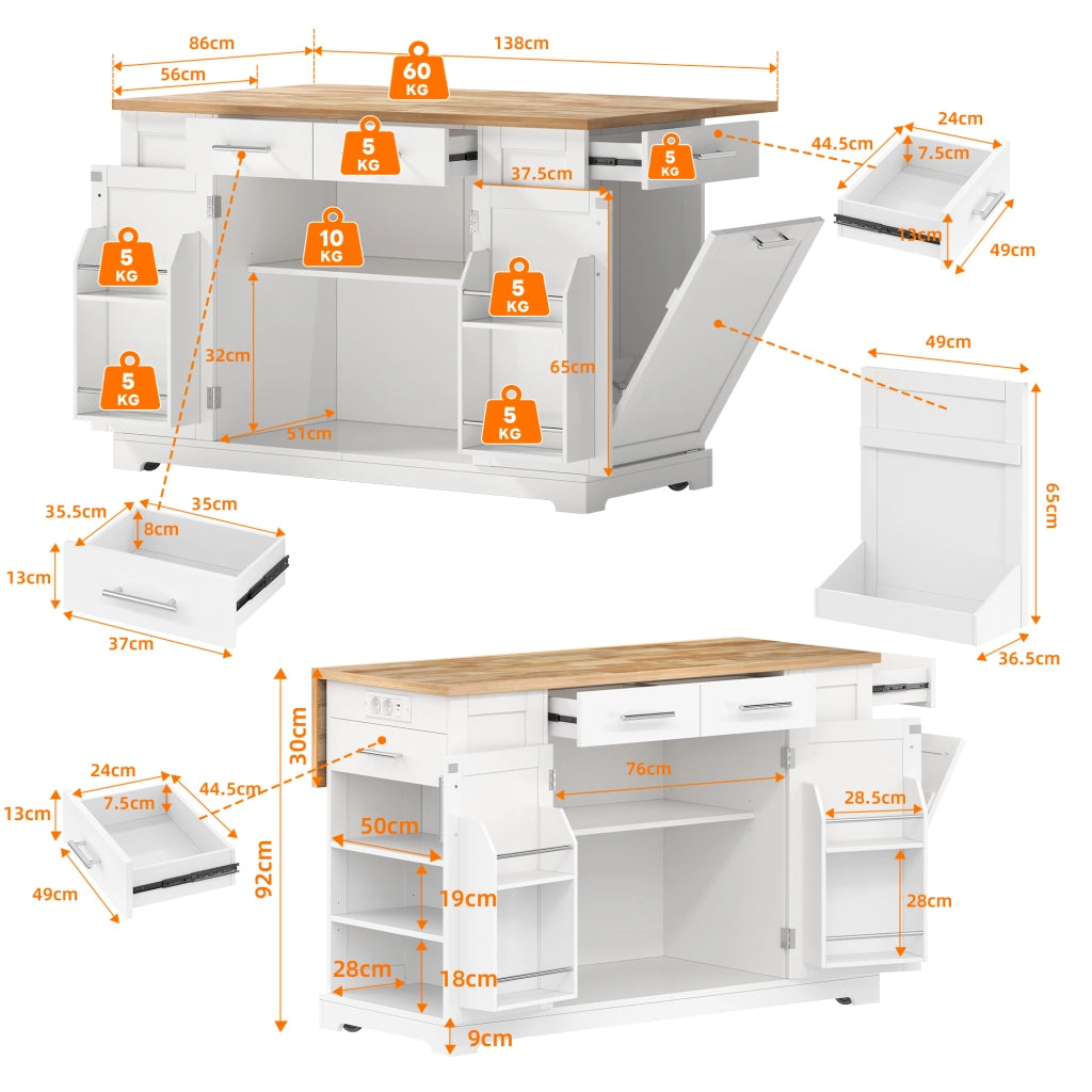 Mobile contenitore da cucina con piano ribaltabile; prese e vano rifiuti - in MDF - bianco