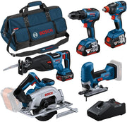 Bosch Professional Combo Kit GSR 18V-55 + GST 18V-125 S + GKS 18V-57-2 + GSA 18V-28 + GDX 18V-200 (incl. 3 batterie da 4.0 Ah, caricabatteria GAL 18V-40, in borsa degli attrezzi grande)