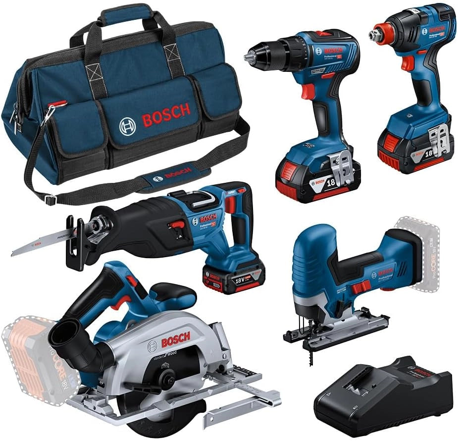 Bosch Professional Combo Kit GSR 18V-55 + GST 18V-125 S + GKS 18V-57-2 + GSA 18V-28 + GDX 18V-200 (incl. 3 batterie da 4.0 Ah, caricabatteria GAL 18V-40, in borsa degli attrezzi grande)