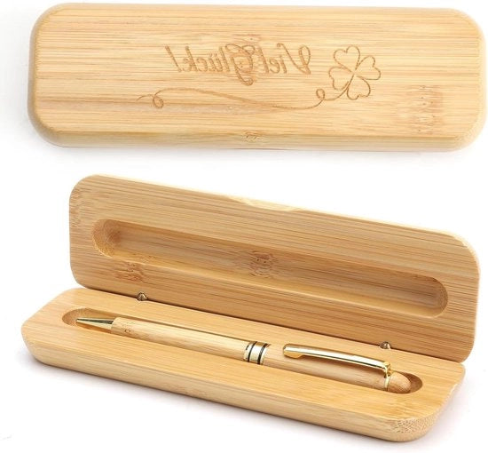 Penna in legno come regalo di addio per colleghi al nuovo lavoro o inizio studi con disegno a foglia di quattro foglie in scatola di regalo