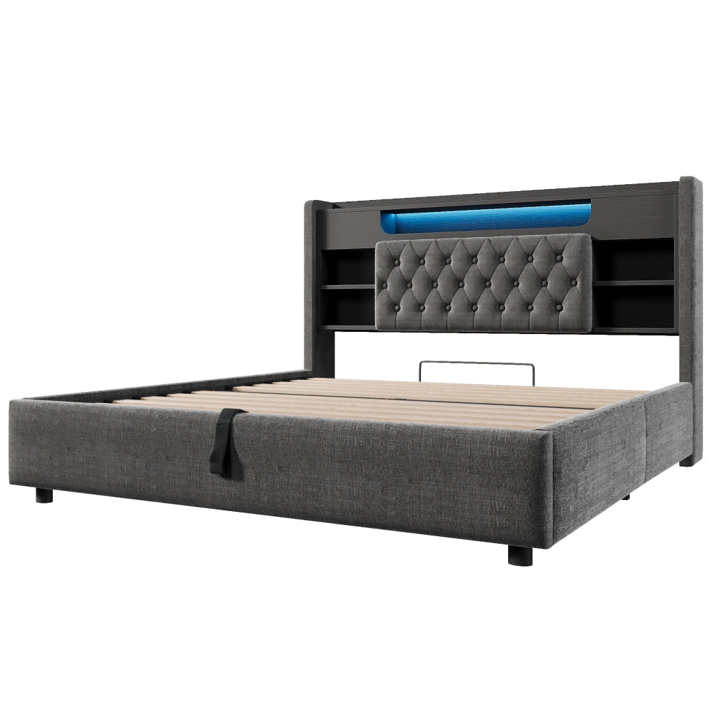Letto imbottito ULEVR 140x200 cm con contenitore idraulico, LED, USB e Type-C, testiera con ripiani, grigio