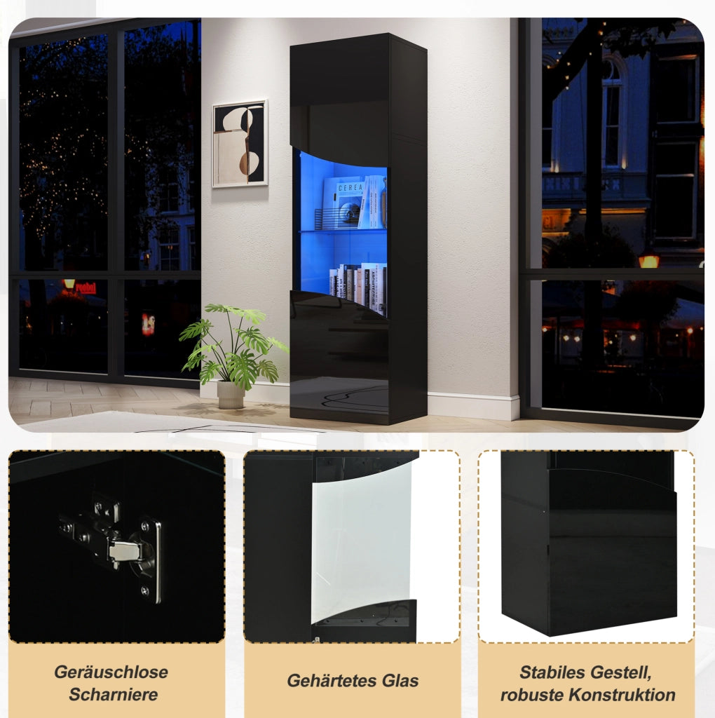 Vetrina alta e stretta 35x50x165 cm in truciolare nero lucido con LED e vetro temperato