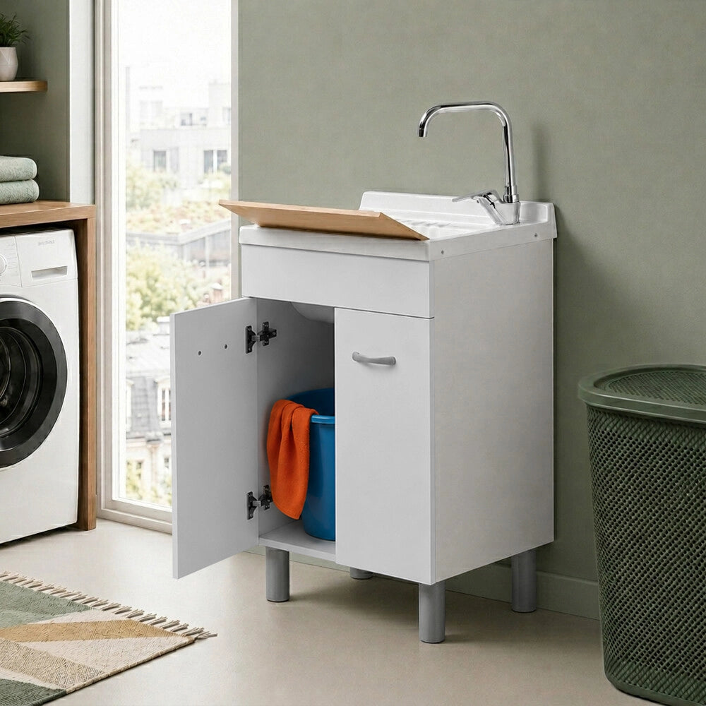 Mobile lavatoio 60x40 cm bianco opaco con due ante e vasca incluso di asse di lavaggio e kit di scarico Medea