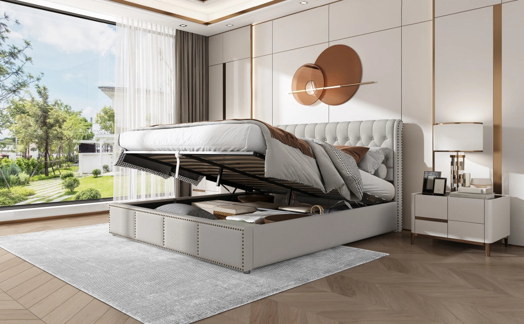 DESMIU Letto con contenitore 160 × 200 cm 2 posti con vano e borchie, senza materasso, in lino grigio
