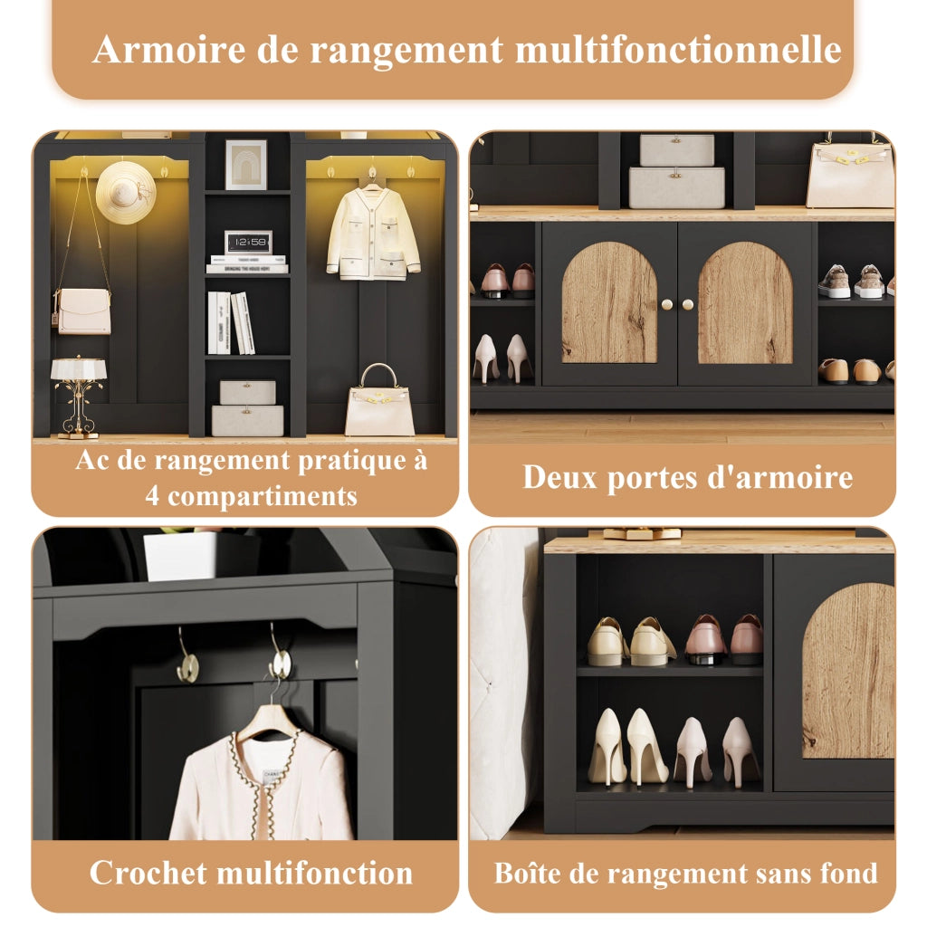 Mobile d'ingresso con 2 Ante; 3 Ripiani Aperti; Ganci e LED USB; Stile Nordico; in MDF; Nero; 150??40??195 cm