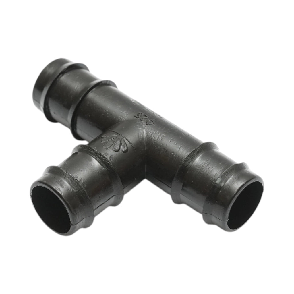 Raccordo a T con attacco uguale per tubo di irrigazione a goccia, 25x25x25 mm, per sistemi di irrigazione.