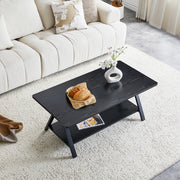 Tavolino basso con ripiano portaoggetti, effetto legno nero e struttura in metallo, per soggiorno, 110 × 57 × 44,5 cm