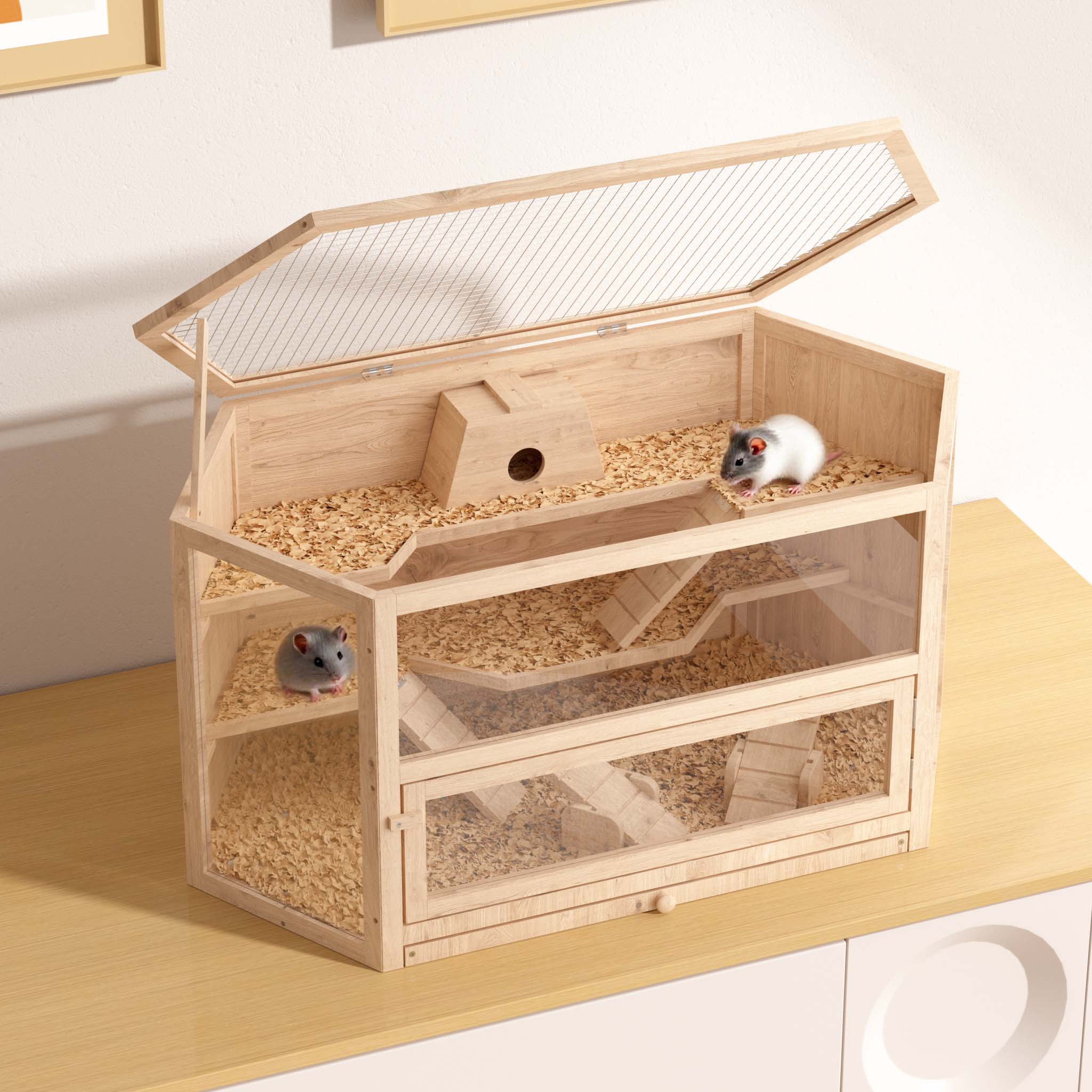 Gabbia per roditori a 3 livelli con tetto apribile 115x60x58cm legno e plexiglas