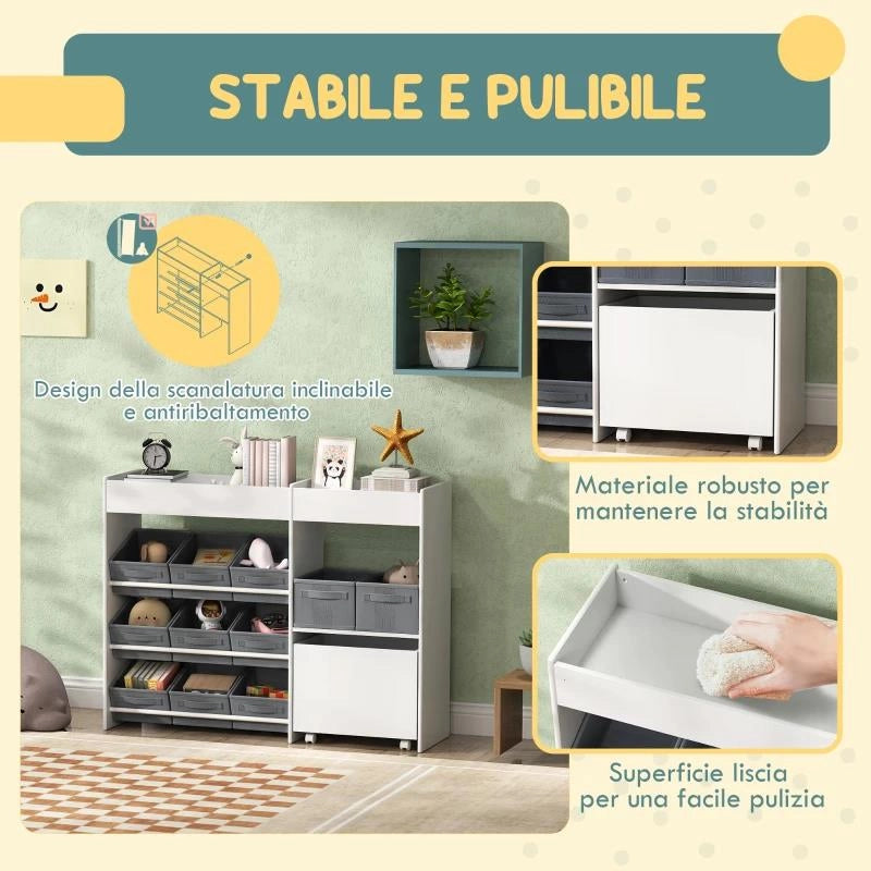 MOBILE PORTAGIOCHI PER BAMBINI CON 11 CESTINI IN TESSUTO, ARMADIETTO E RIPIANI, 105X30X80 CM, BIANCO