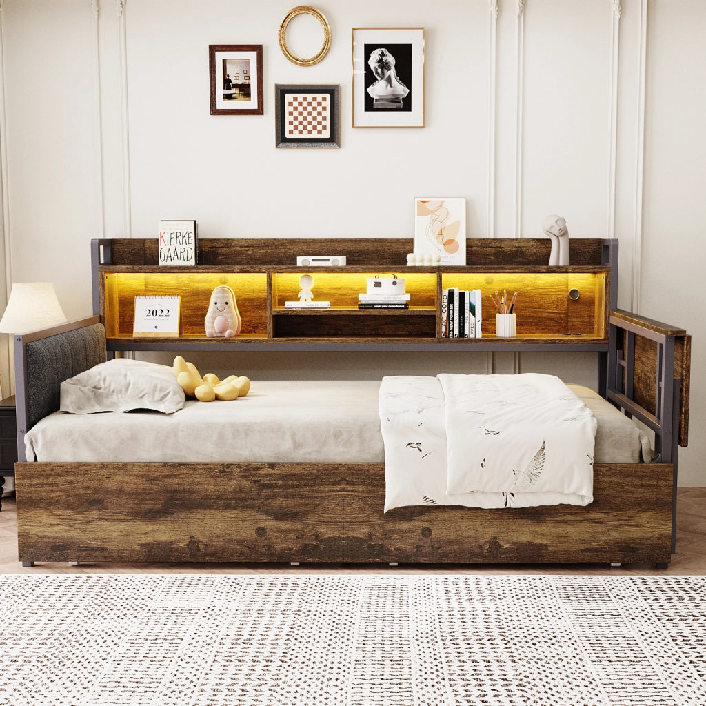 Sofabett con illuminazione LED e vano contenitore in metallo 90x200 cm