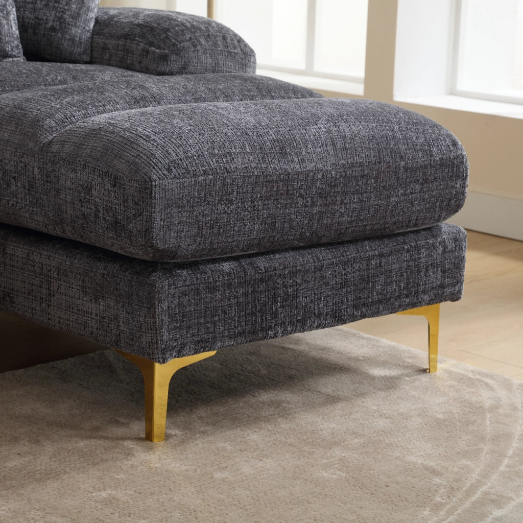 Divano componibile a U in ciniglia grigia con 2 chaise longue e piedi in metallo