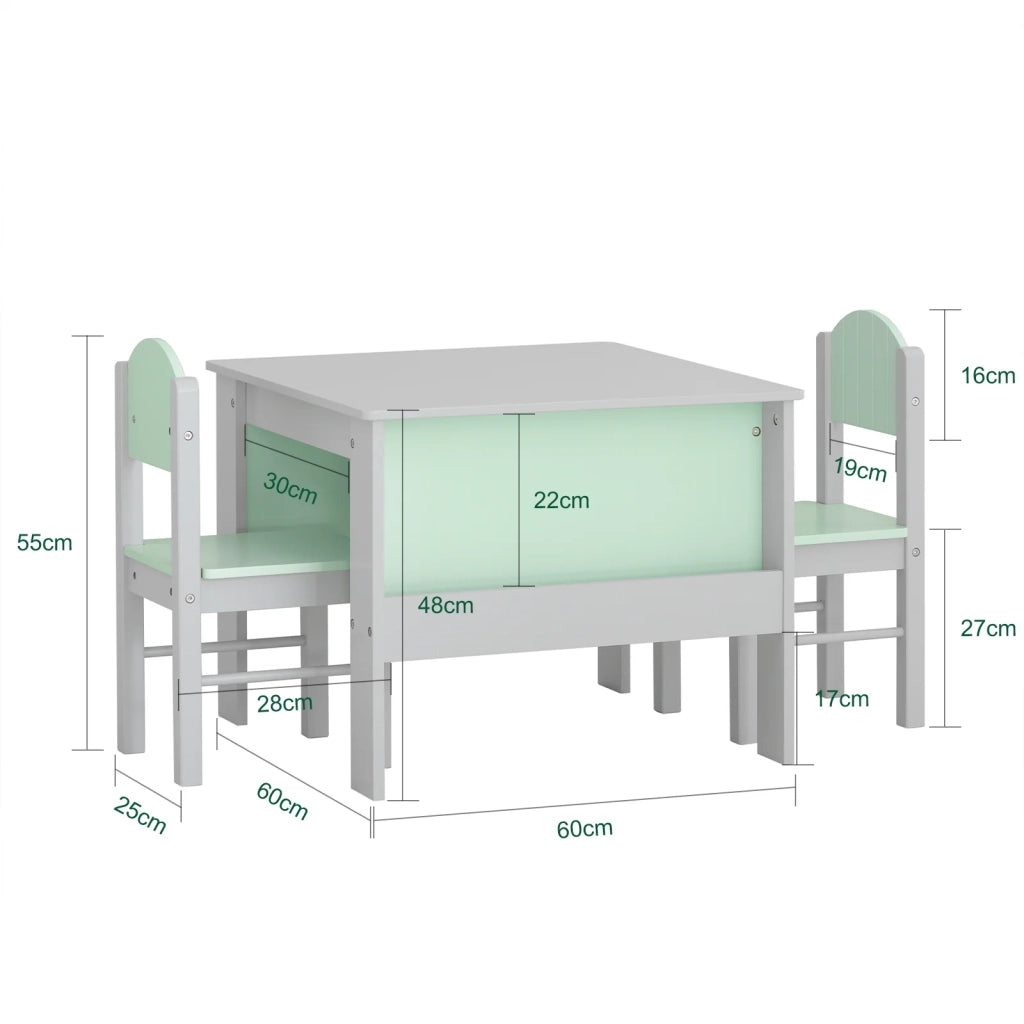 Tavolo Per Bambini Con 2 Sedie, Set Tavolo E 2 Sedie Per Bambini, Scrivania Per Bambini Con 2 Ripiani Laterali Per Libri Grigio Chiaro E Verde, KMB88-HG SoBuy