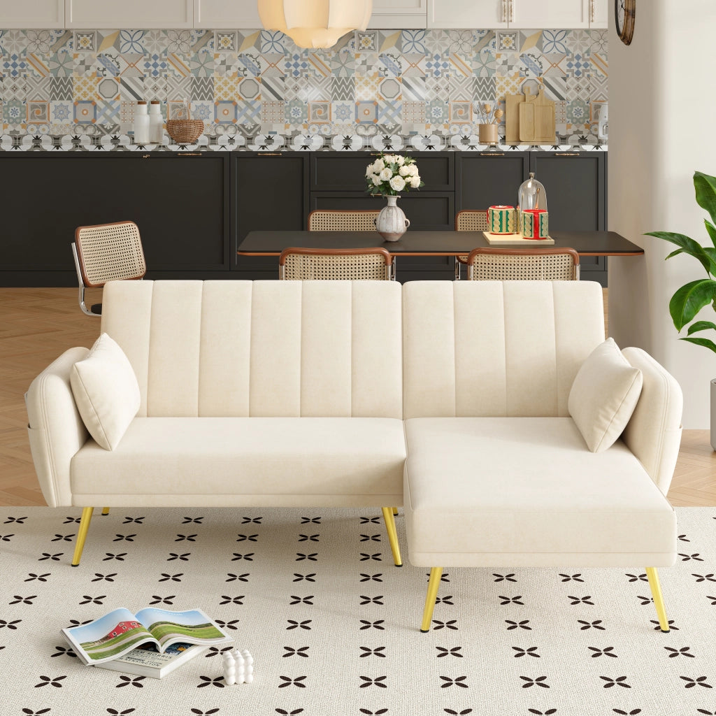DIVANO LETTO angolare 191,5x130,5 cm in velluto beige con chaise longue reversibile