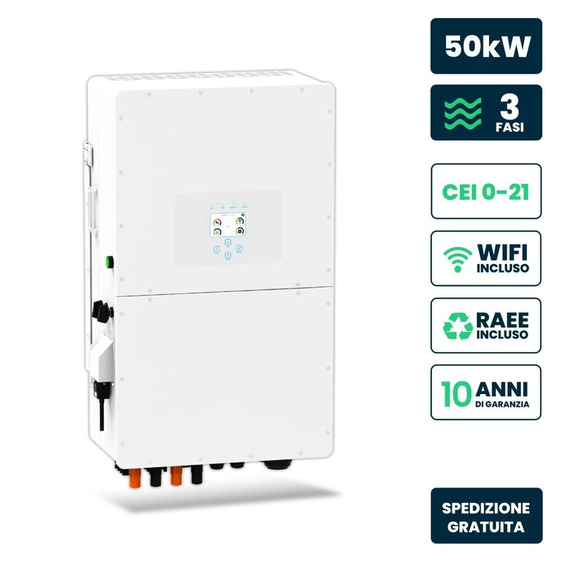 Inverter Fotovoltaico Deye Trifase Ibrido ALTA TENSIONE On-Grid/Off-Grid 50kW CEI 0-21, Schermo LCD Touch a Colori, Smart Meter Integrato, WiFi e TA, Garanzia 10 Anni IP65 SKU-11861