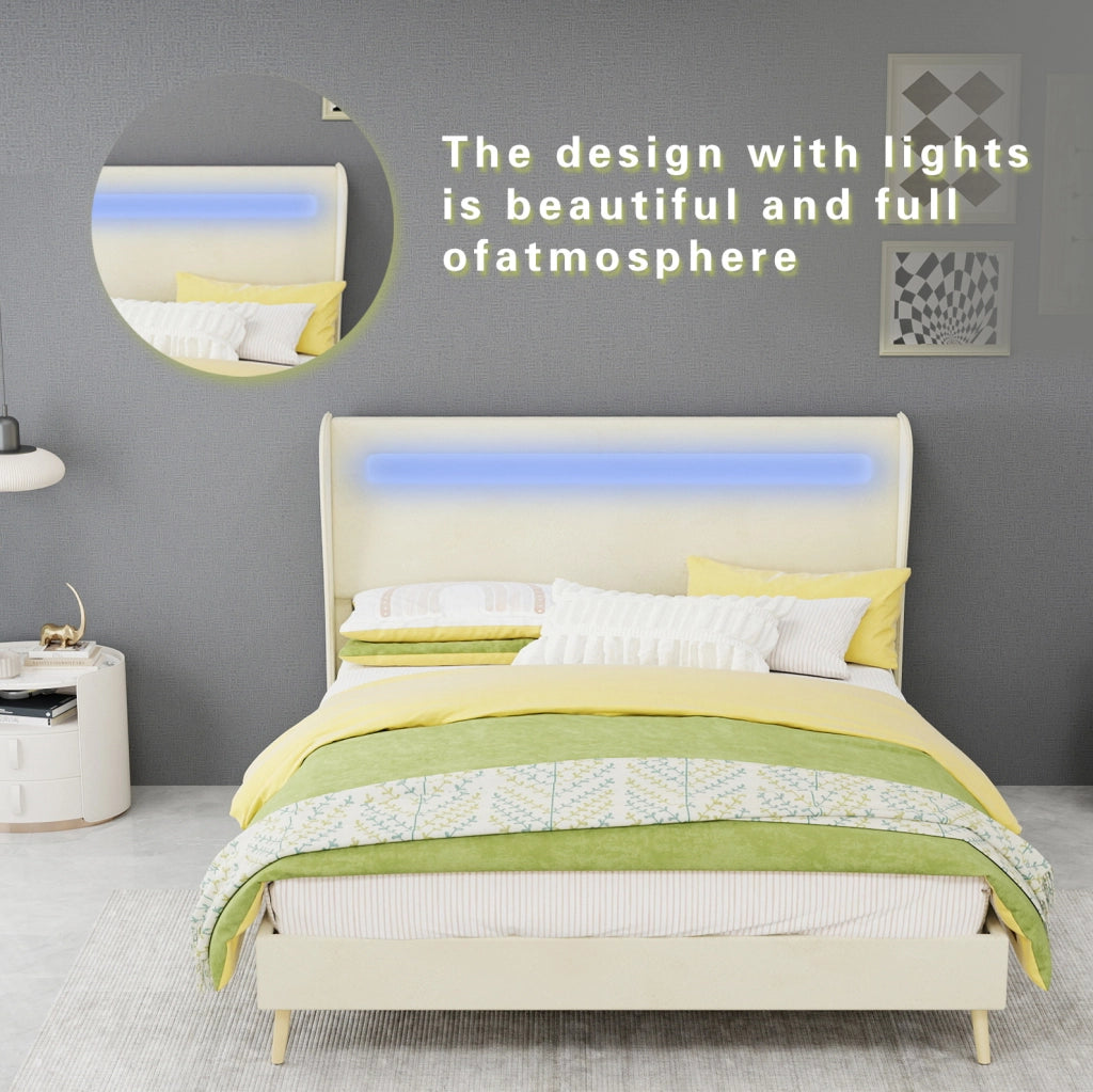 Letto imbottito ULEVR 140x200 cm con testiera regolabile e illuminazione LED a colori, beige