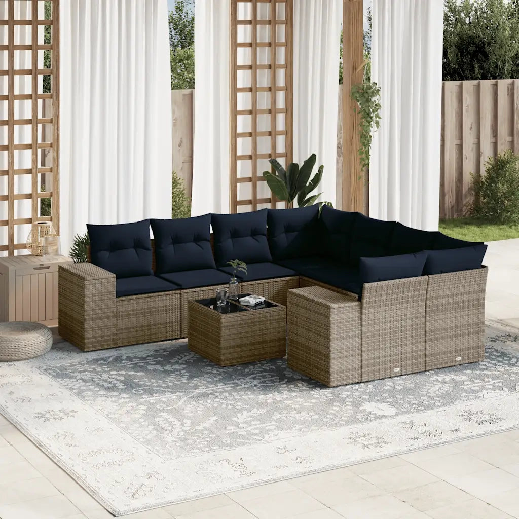 Set Divani da Giardino 9 pz con Cuscini Grigio in Polyrattan 3222360