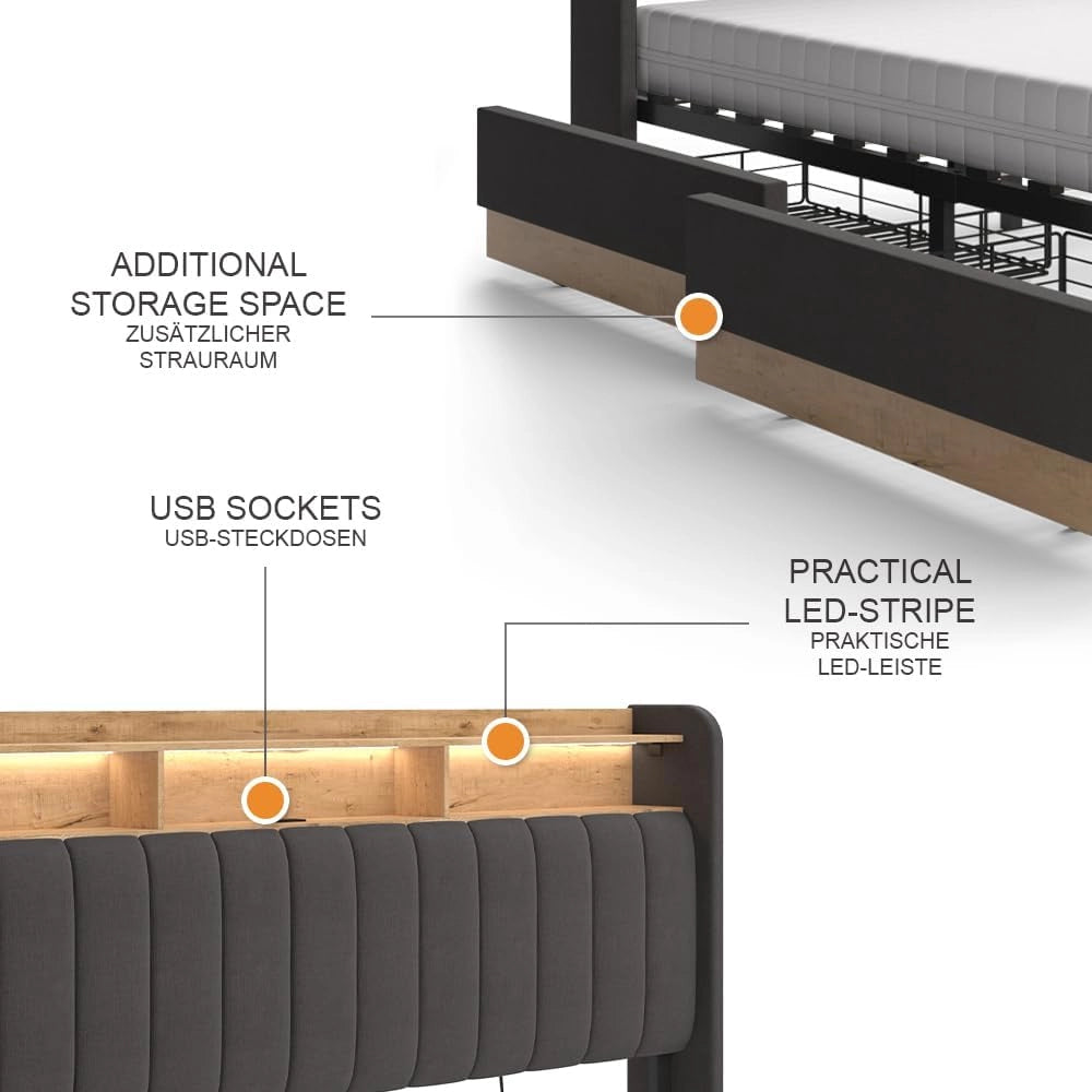 Letto imbottito Nura, Antracite, 180x200 cm con materasso, con porta di ricarica USB, illuminazione LED e telecomando