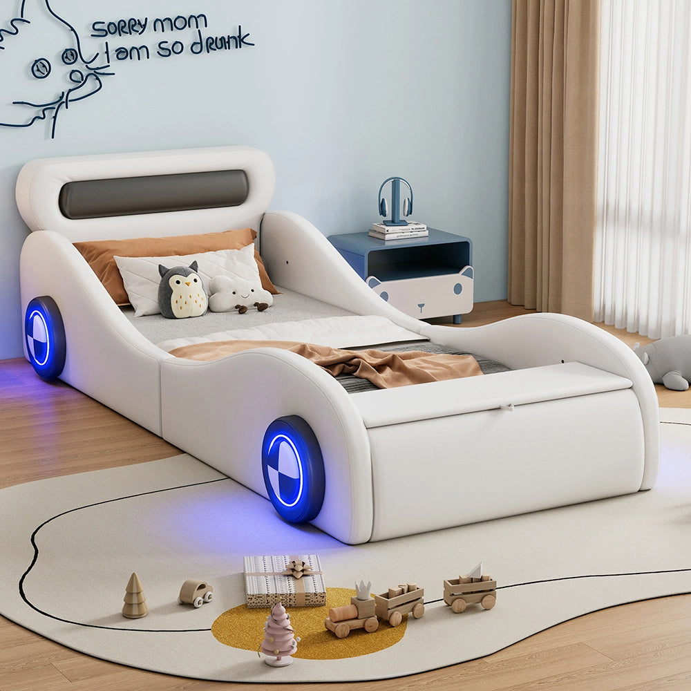 Letto per bambini a forma di auto - Xylo - 90x200 cm - Bianco - Luci e ruote