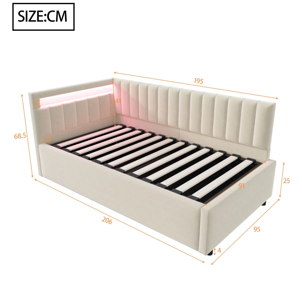 Divano letto imbottito con LED; vano contenitore idraulico; 90x200 cm; velluto beige