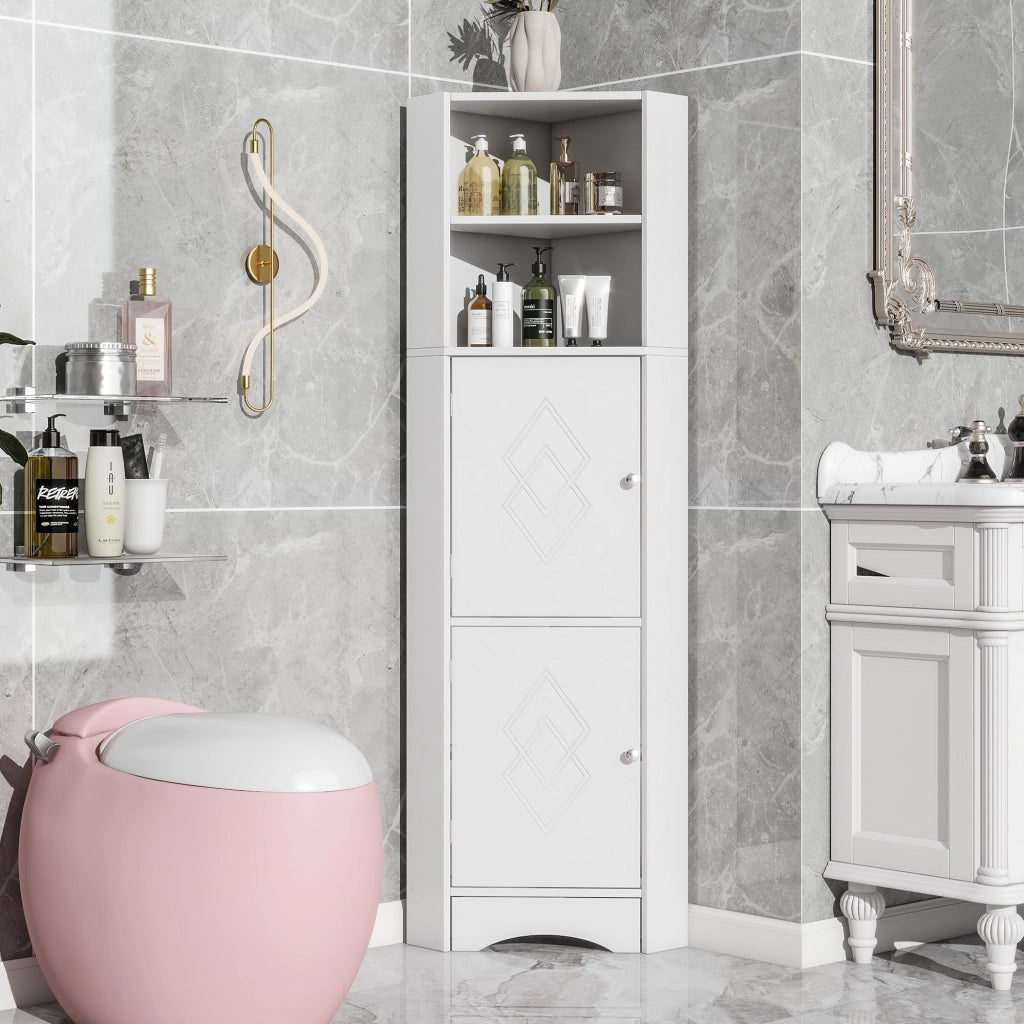 Armadietto da bagno angolare con 2 vani aperti e ripiano regolabile per bagno in truciolare bianco 36.5 × 36.5 × 155 cm