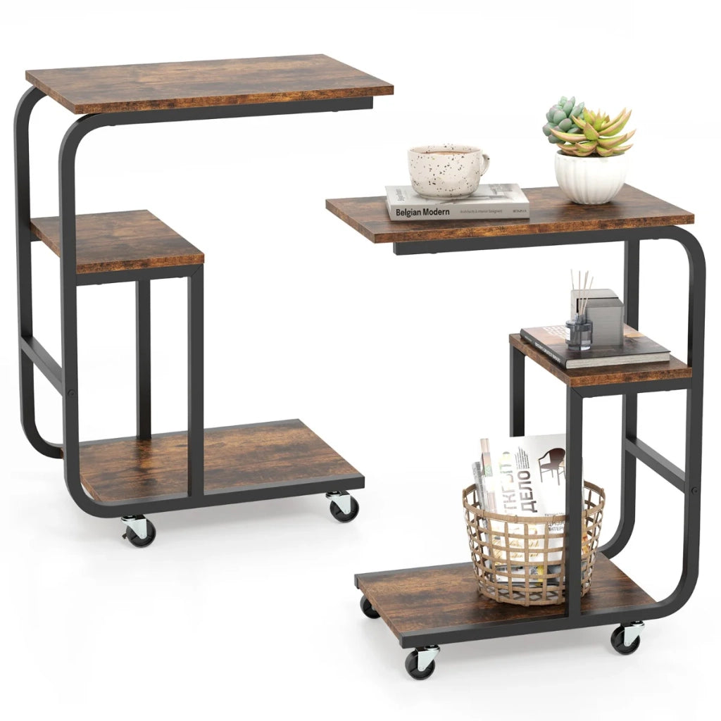 Set di 2 tavolini laterali salvaspazio a forma di C con intelligente contenitore moderno in legno ingegnerizzato marrone rustico 20_0012488