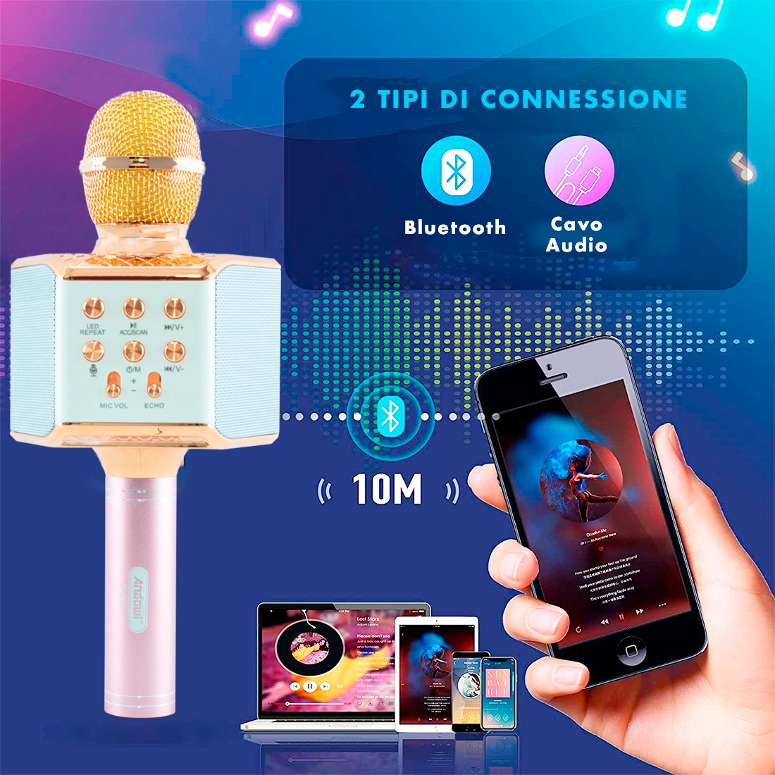 Microfono Karaoke Wireless con Luci Led Registra Canta e Riproduce Musica Rosa