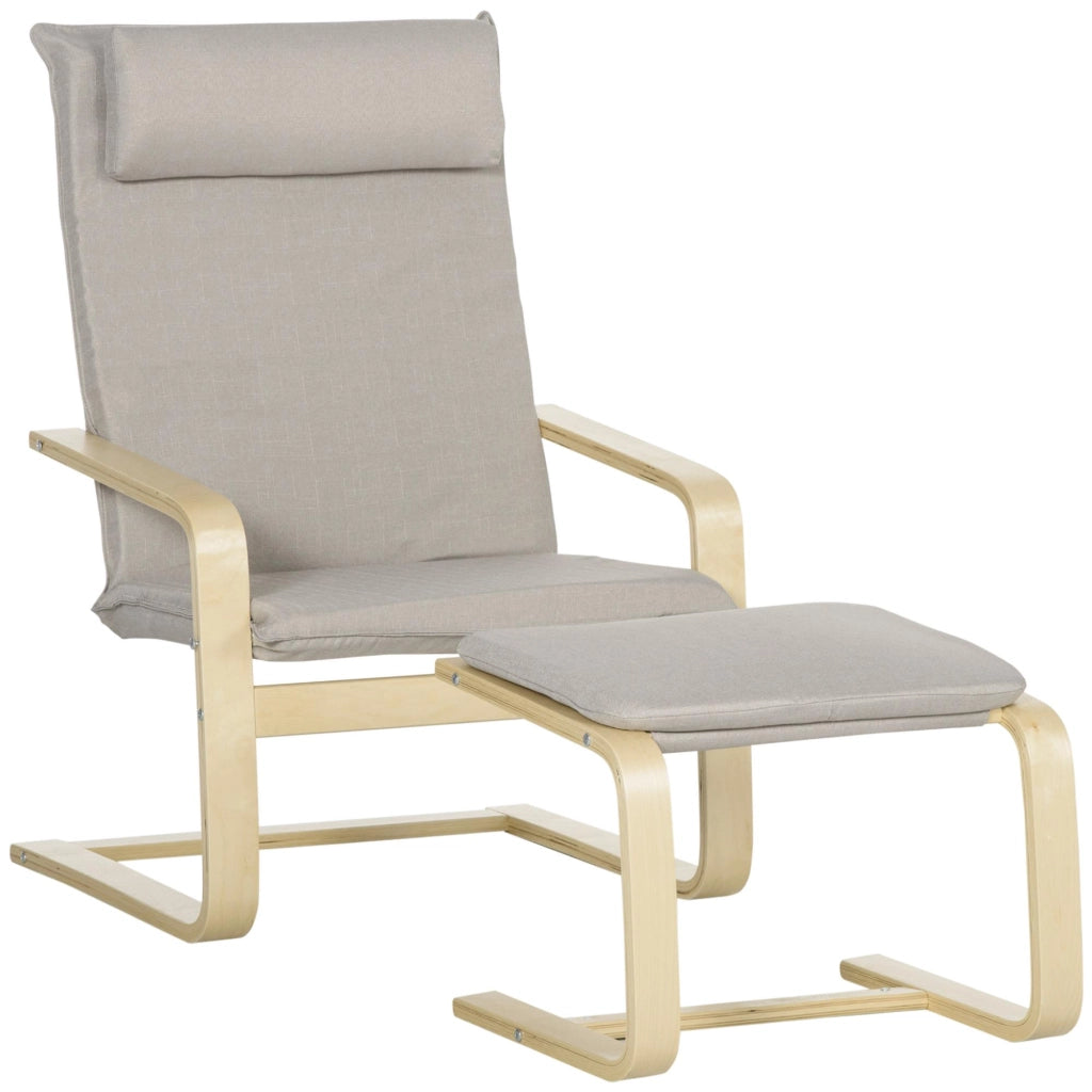 Poltrona Relax con Pouf 67x69x100 cm Cuscino Poggiatesta in Tessuto Effetto Lino Grigio
