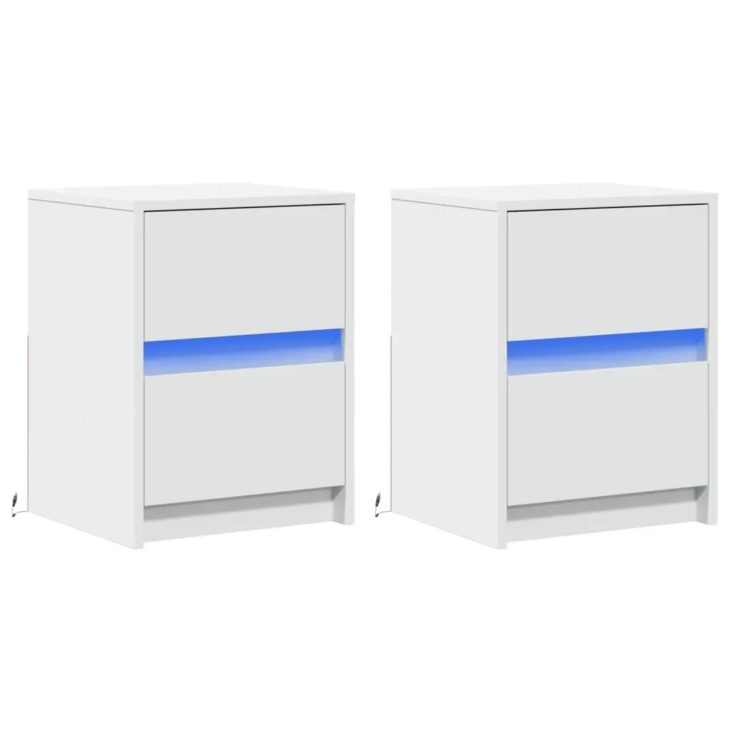Set di 2 Comodini | Armadio da Notte | Mobiletto da notte con Luci LED Bianchi in Legno Multistrato