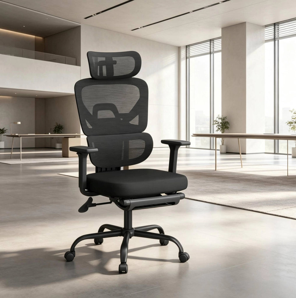 Sedia da ufficio ergonomica nera con poggiapiedi regolabile