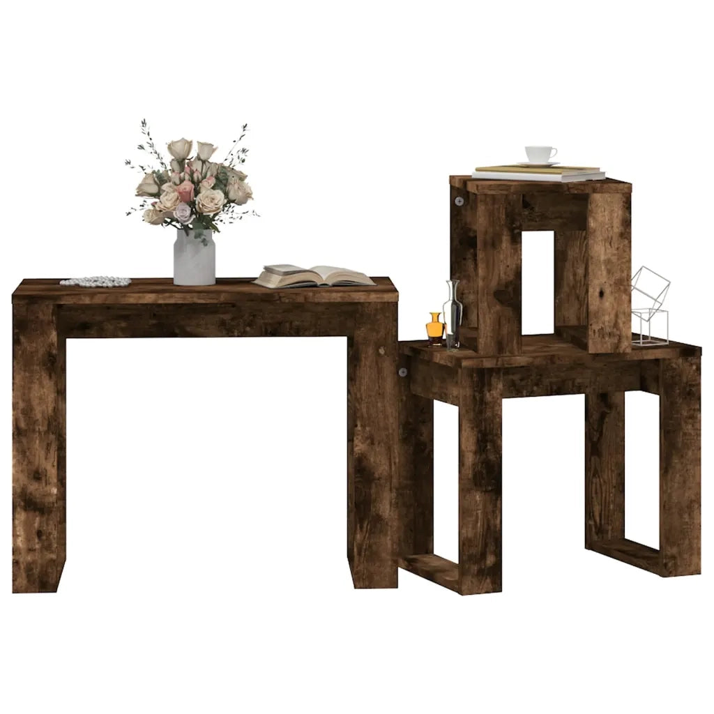 Tavolini Impilabili 3 pz Rovere Fumo in Legno Multistrato 815222
