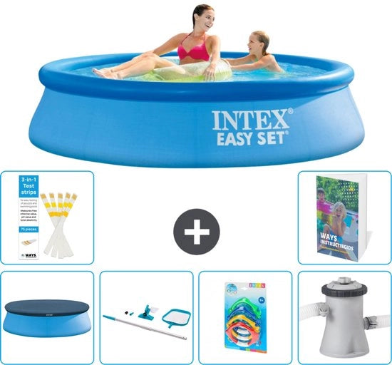 Piscina Rond Opblaasbar Easy Set - 244 x 61 cm - Blu - Inclusa Copertura - Kit di Pulizia - Giocattoli - Pompaggio Piscina - 7 pezzi