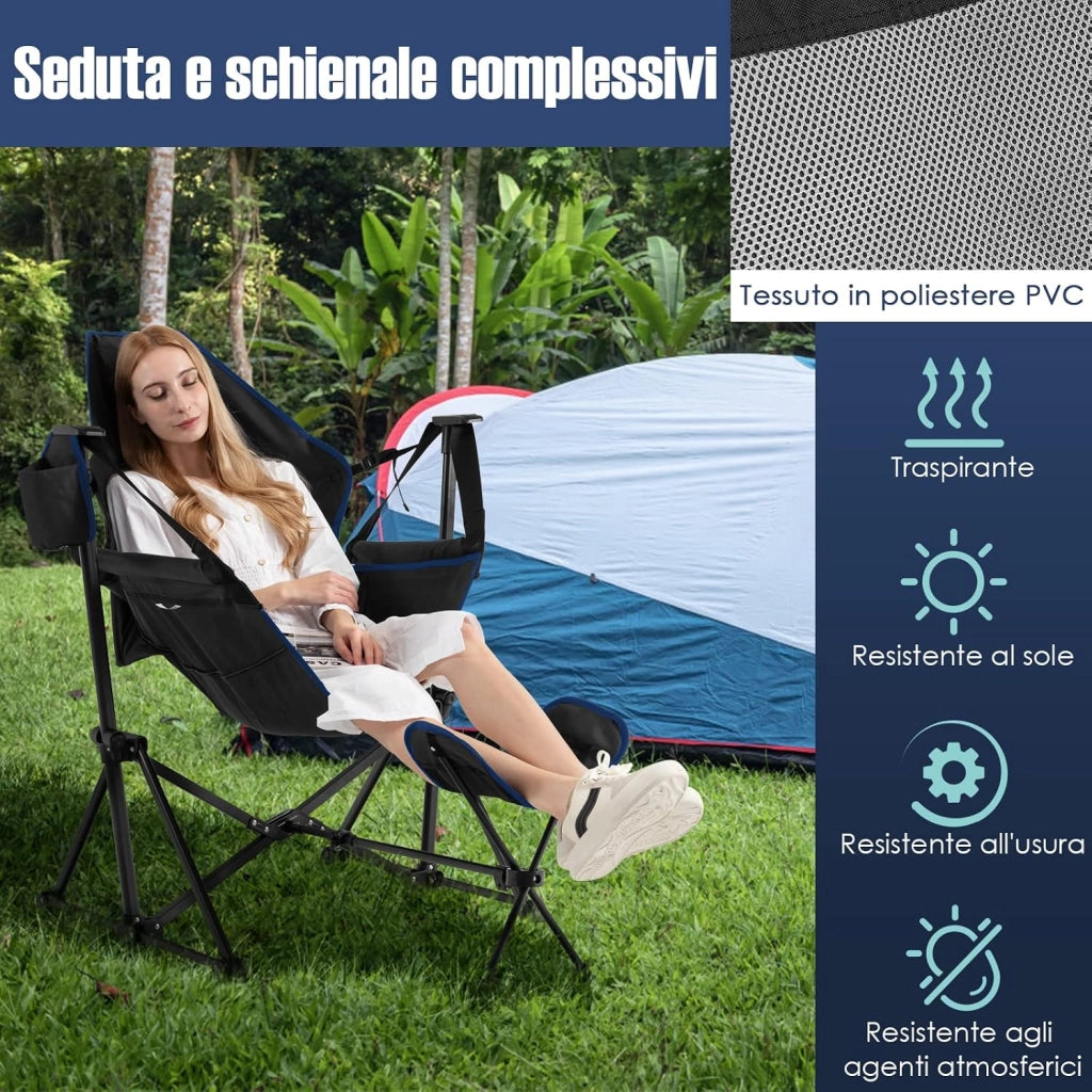 Sedia a Dondolo da Esterno Portatile, Sedia da Campeggio Pieghevole con Poggiapiedi Retrattile e Borsa da Trasporto, Ideale per Campeggio, Pesca e Picnic, Portata 150 kg (Nero)
