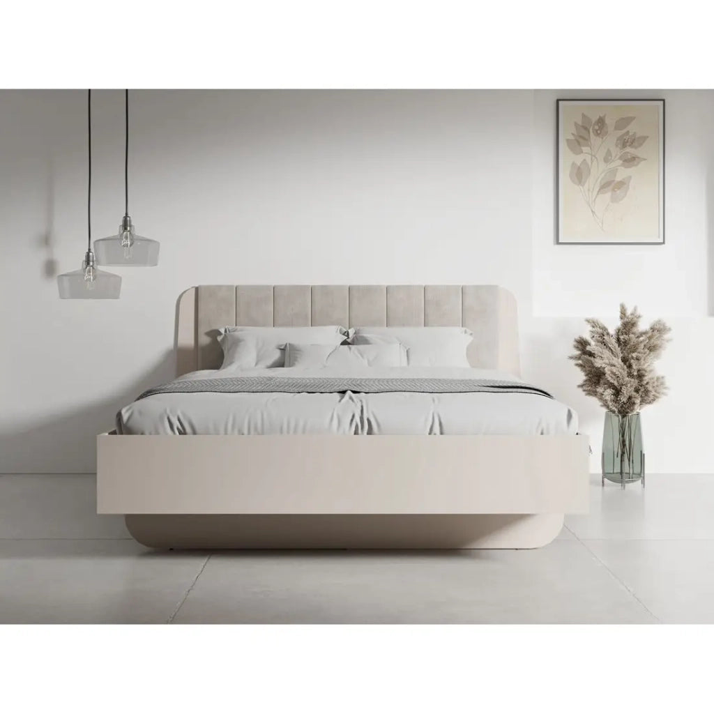 Letto 160x200 cm AMALIE – Colore beige sabbia – Testiera imbottita – Rete non inclusa